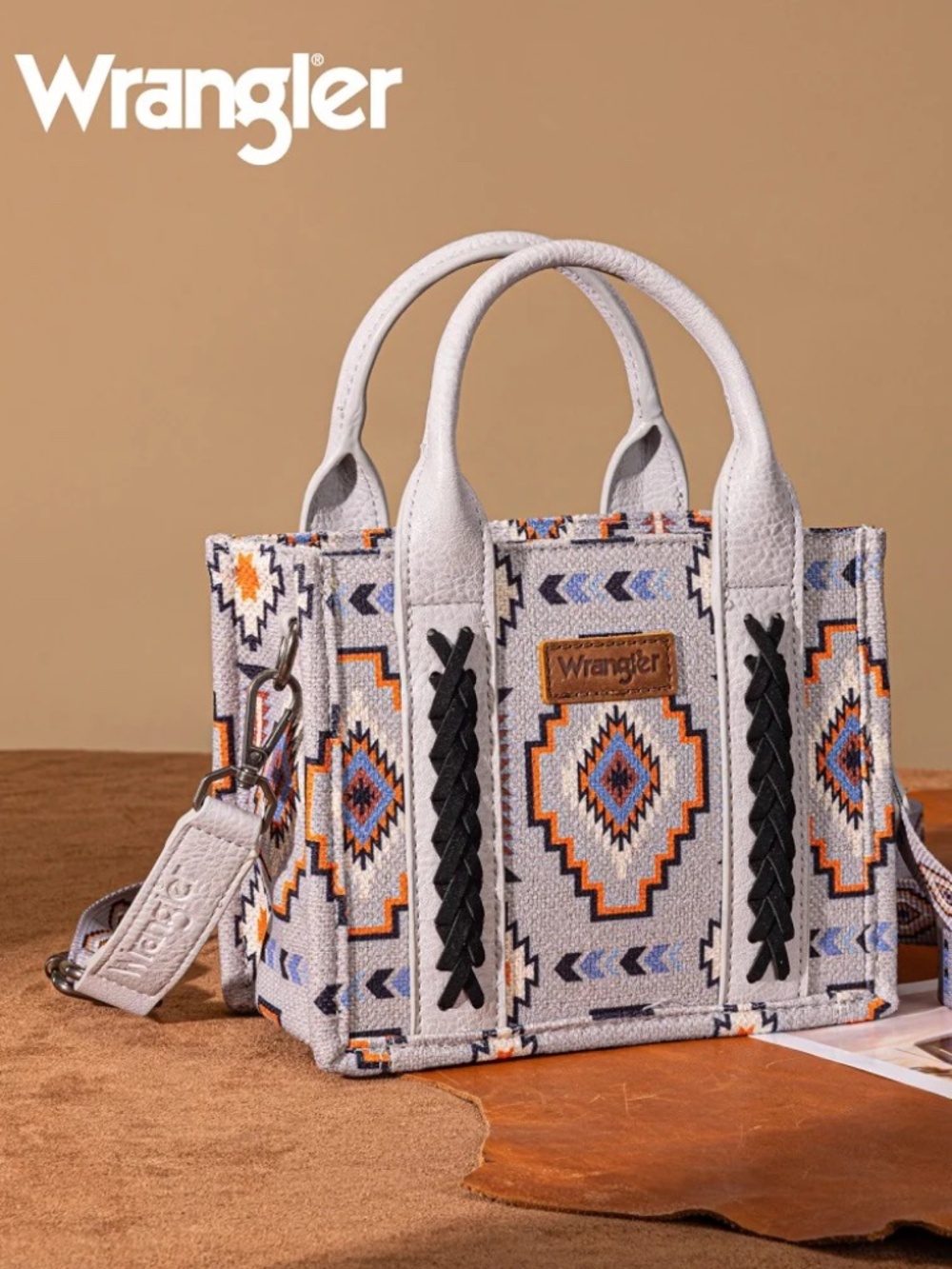 Wrangler Aztec Print Braided Detail Tote Bag Grey